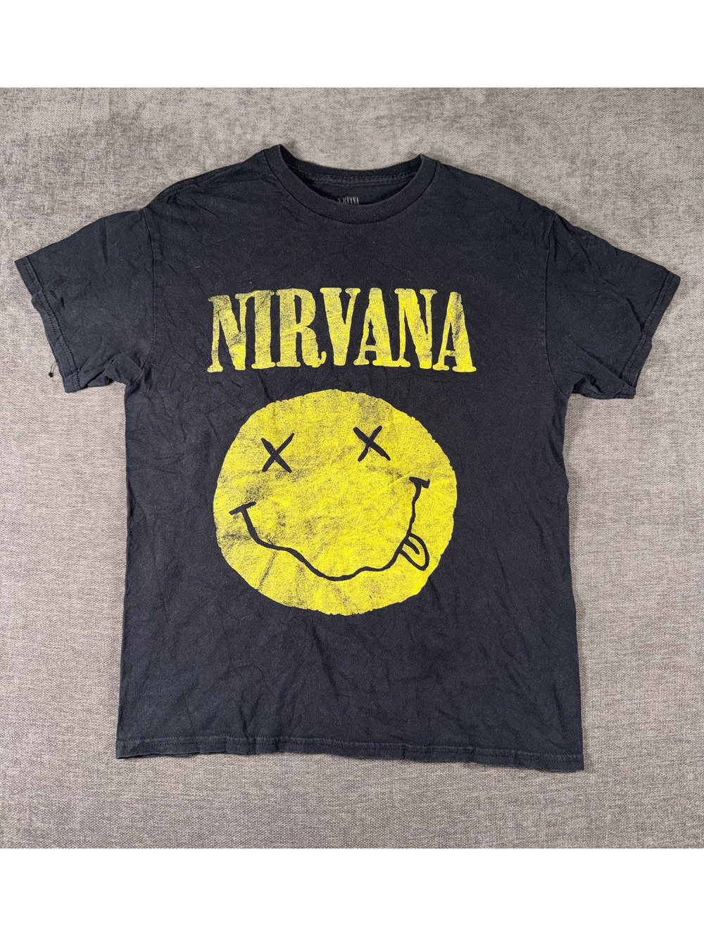 Nirvana Vintage Band T-Shirt with Yellow Smiley Face Graphic, Size Medium